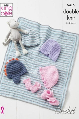 King Cole Big Value Baby DK Pattern 5415 - Crochet Baby Hat, Mitts, Bootees & Blanket