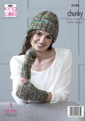 King Cole Shadow Chunky Pattern 5186 - Sweater, Fingerless Mittens & Hat